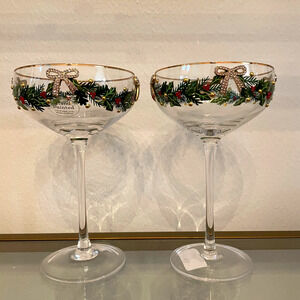 Christmas COUPE GLASSES Hand Painted & Jeweled Gold Bows Holly Garland Set of 2